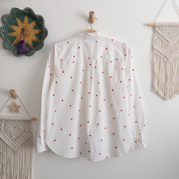 LOFT Crisp White Casual Button Down Shirt with Hearts and Swiss Dots Size Medium - Picture 2 of 4